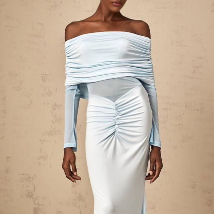 Veronica Blue Maxi Dress with Long Sleeves and Ruched Detailing