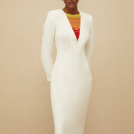 Veronica White Bead and Rhinestone Embellished Maxi Dress 75% Cotton 20% Terylene Fiber Long Sleeve Fitted Waistline Rear Slit Straight Hem Rear Zip Fastening Special Occasion Sophistication Charm Must-Have Wardrobe Statement Ensemble