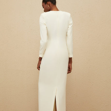 Veronica White Bead Rhinestone Embellished Maxi Dress Cotton Terylene Long Sleeve Fitted Waistline Rear Slit Straight Hem Rear Zip Fastening Special Occasion Sophistication Charm Ensemble