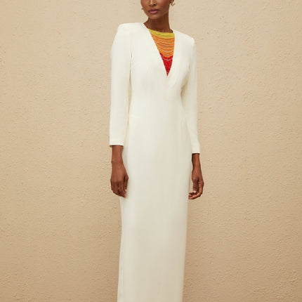 Veronica White Bead Rhinestone Embellished Maxi Dress 75 Cotton 20 Terylene Long Sleeve Fitted Waistline Rear Slit Straight Hem Rear Zip Fastening Special Occasion Sophistication Charm Statement Ensemble