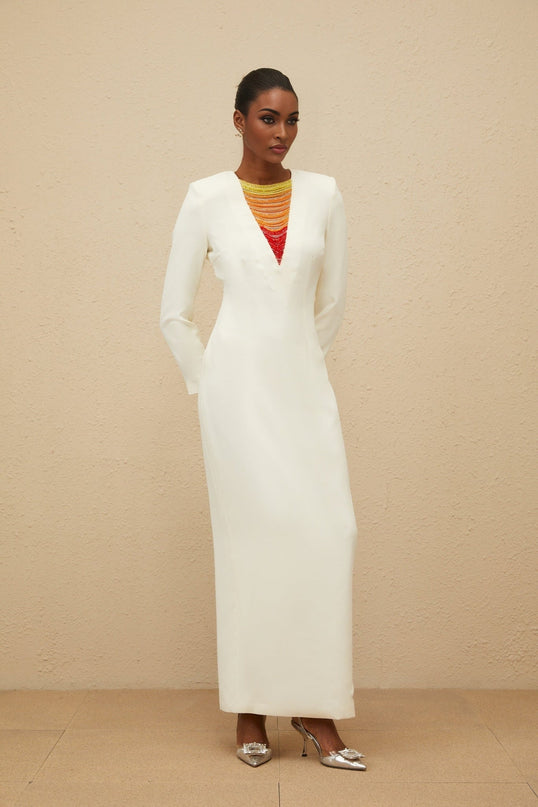 Veronica White Beaded Maxi Dress with Rhinestone Embellishments