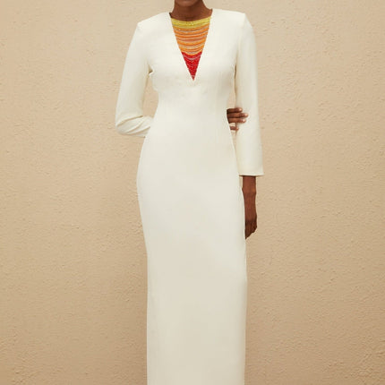 Veronica White Beaded Maxi Dress with Rhinestone Embellishments