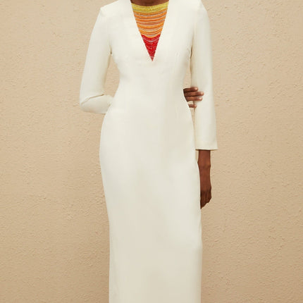 Veronica White Beaded Maxi Dress 75% Cotton 20% Terylene Long Sleeve Fitted Waist Rear Slit Straight Hem Rear Zip Fastening Special Occasion Elegant Sophisticated Charm