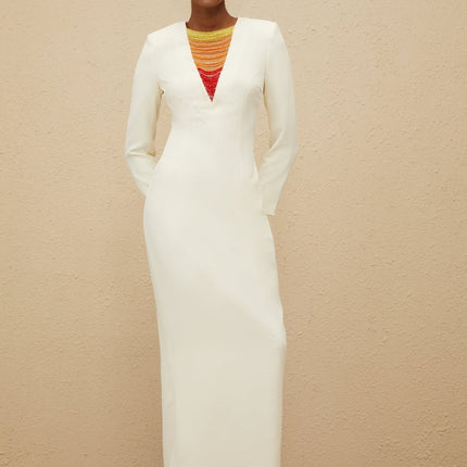 Veronica White Beaded Maxi Dress Cotton Terylene Long Sleeve Elegant Slit Hem Zip Fastening Special Occasion Sophisticated Charm