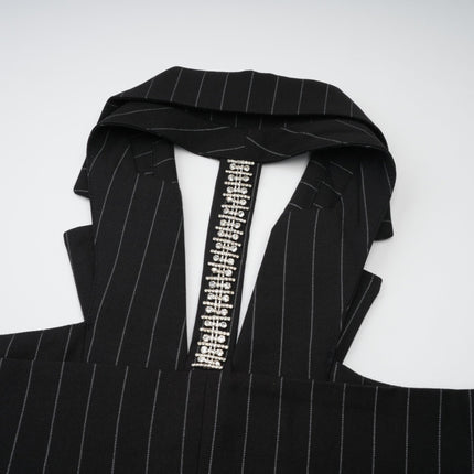 Veronika Black Pinstripe Blazer with Peak Lapels and Open Back Design