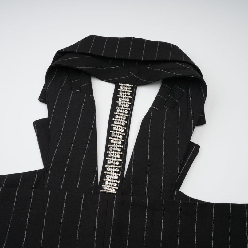 Veronika Black Pinstripe Blazer with Peak Lapels and Open Back Design