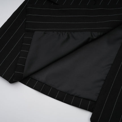 Veronika Black Pinstripe Blazer with Peak Lapels and Open Back Design