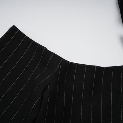 Veronika Black Pinstripe Blazer with Peak Lapels and Open Back Design