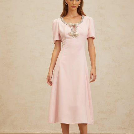 Veronika Pink Crystal Faux-Pearl Bow Embellished Midi Dress with Cut-Out Detailing and Slit Hem