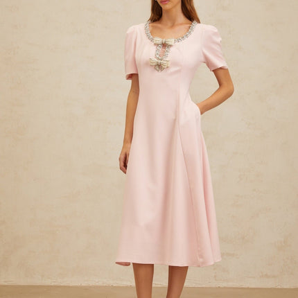 Veronika Pink Crystal Faux Pearl Bow Embellished Midi Dress
