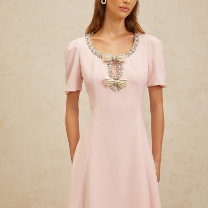 Veronika Pink Crystal Faux-Pearl Bow Midi Dress