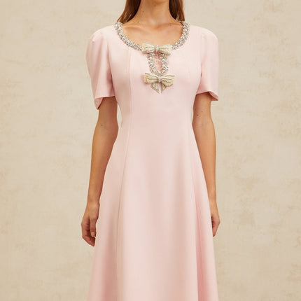 Veronika Pink Crystal Faux-Pearl Bow Embellished Midi Dress with Cut-Out Detailing and Slit Hem