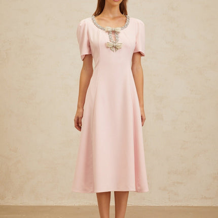 Veronika Pink Crystal Faux-Pearl Bow Embellished Midi Dress