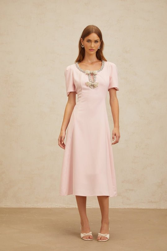 Veronika Pink Crystal Faux Pearl Bow Embellished Midi Dress with Cut-Out Detailing and Slit Hem