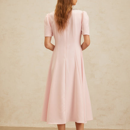 Veronika Pink Crystal Faux-Pearl Bow Embellished Midi Dress with Cut-Out Detailing and Slit Hem