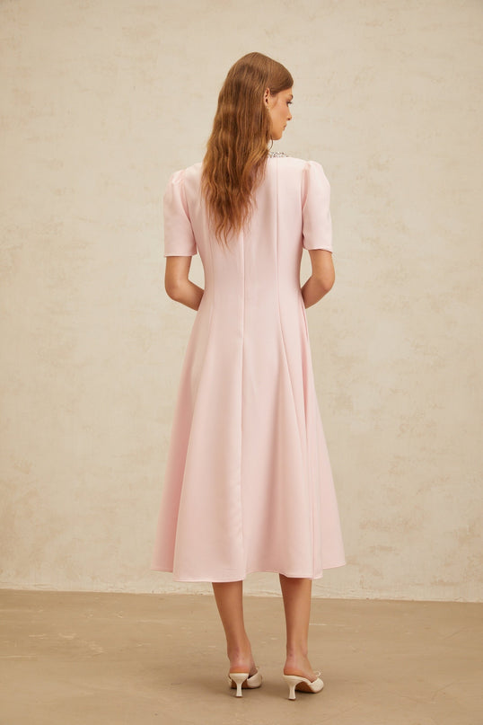 Veronika Pink Crystal Faux-Pearl Bow Embellished Midi Dress with Cut-Out Detailing and Slit Hem