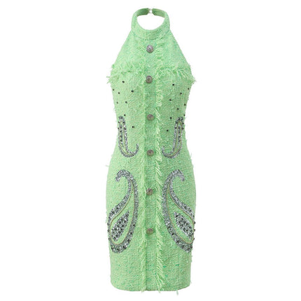 Vibrant mint green halter neck dress with rhinestone accents and frayed edges