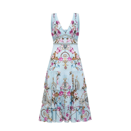 Victoire Blue Silk Floral Midi Dress Multicolor Floral Print V-Neckline Sleeveless Open Back Crystal Accents Layered Construction Tiered Hem Concealed Back Zipper Closure Elegant Events