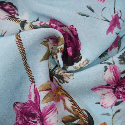 Victoire Blue Silk Floral Midi Dress Multicolor Floral Print V-Neckline Sleeveless Open Back Crystal Accents Layered Tiered Hem Concealed Zipper Closure