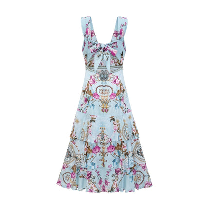 Victoire Blue Silk Floral Midi Dress Multicolor Floral Print V-Neckline Sleeveless Open Back Crystal Accents Layered Construction Tiered Hem Concealed Zipper Closure