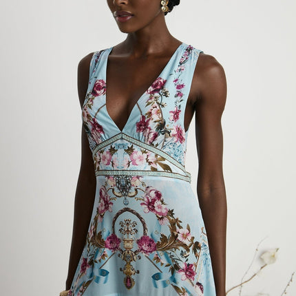 Victoire Blue Silk Floral Midi Dress Multicolor Floral Print V-Neckline Sleeveless Open Back Crystal Accents Layered Construction Tiered Hem Concealed Zipper Closure