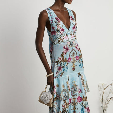 Victoire Blue Silk Floral Midi Dress Multicolor Floral Print V-Neckline Sleeveless Open Back Crystal Accents Layered Construction Tiered Hem Concealed Zipper Closure