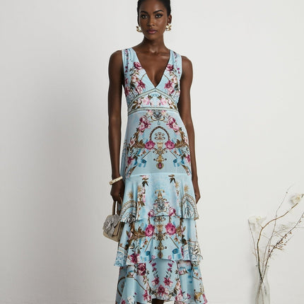 Victoire Blue Silk Floral Midi Dress Multicolor Floral Print V-Neckline Crystal Accents Open Back Tiered Hem Concealed Zipper Closure