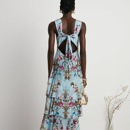 Victoire Blue Silk Floral Midi Dress Multicolor Floral Print V-Neckline Sleeveless Open Back Crystal Accents Layered Construction Tiered Hem Concealed Back Zipper Closure Elegant Events