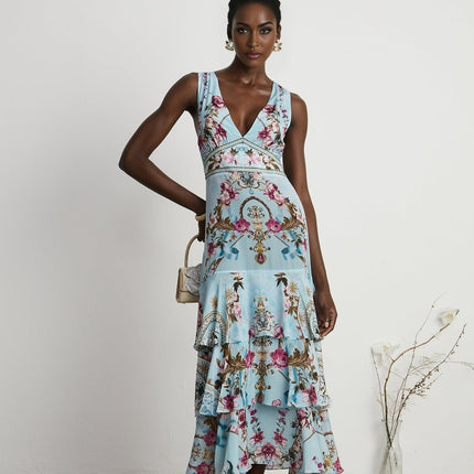 Victoire Blue Silk Floral Midi Dress Multicolor Floral Print V-Neckline Sleeveless Open Back Crystal Accents Layered Construction Tiered Hem Concealed Back Zipper Closure