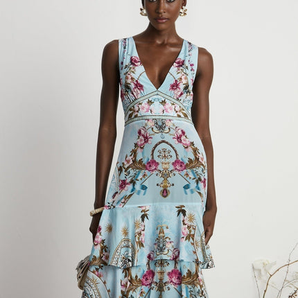 Victoire Blue Silk Floral Midi Dress Multicolor Floral Print V-Neckline Sleeveless Open Back Crystal Accents Layered Construction Tiered Hem Concealed Back Zipper Closure Elegant Events