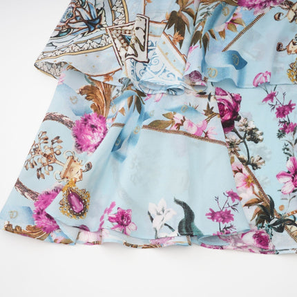 Victoire Blue Silk Floral Midi Dress Multicolor Floral Print V-Neckline Sleeveless Open Back Crystal Accents Layered Tiered Hem Concealed Zipper Closure