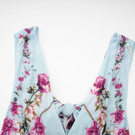 Victoire Blue Silk Floral Midi Dress Multicolor Floral Print V-Neckline Sleeveless Open Back Crystal Accents Layered Construction Tiered Hem Concealed Back Zipper Closure Garden Parties Summer Occasions Elegant Events