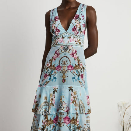 Victoire Blue Silk Floral Midi Dress Multicolor Floral Print V-Neckline Sleeveless Open Back Crystal Accents Layered Construction Tiered Hem Concealed Back Zipper Closure Elegant Events
