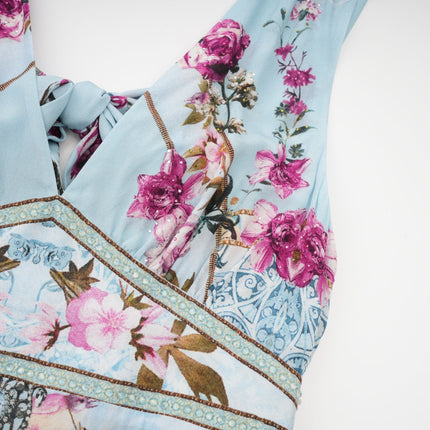 Victoire Blue Silk Floral Midi Dress Multicolor Floral Print V-Neckline Sleeveless Open Back Crystal Accents Layered Tiered Hem Concealed Zipper Closure