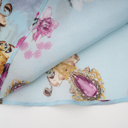 Victoire Blue Silk Floral Midi Dress Multicolor Floral Print V-Neckline Sleeveless Open Back Crystal Accents Layered Construction Tiered Hem Concealed Zipper Closure