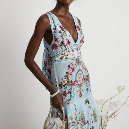 Victoire Blue Silk Floral Midi Dress Multicolor Floral Print V-Neckline Sleeveless Open Back Crystal Accents Layered Construction Tiered Hem Concealed Zipper Closure