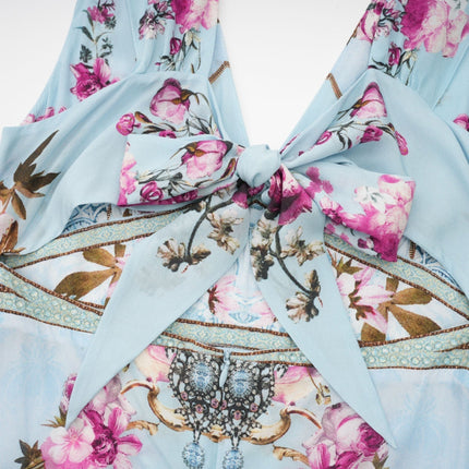 Victoire Blue Silk Floral Midi Dress Multicolor Floral Print V-Neckline Sleeveless Open Back Crystal Accents Layered Construction Tiered Hem Concealed Zipper Closure Elegant Garden Parties Summer Occasions Events