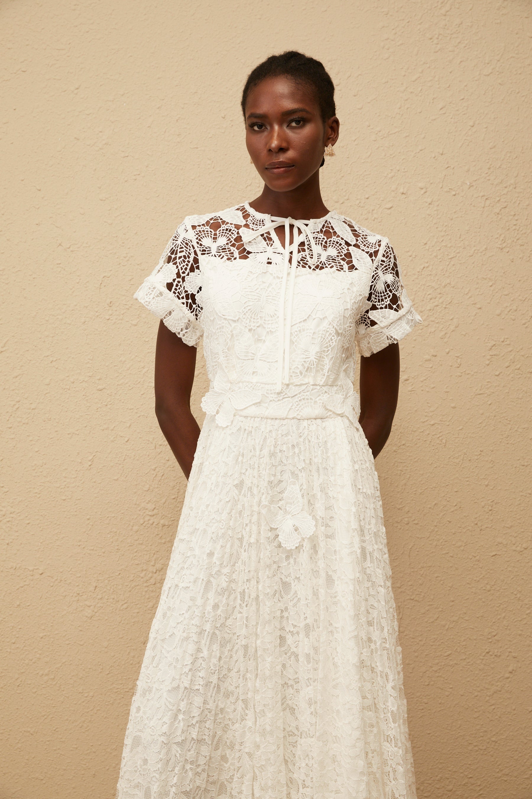 Victoire White Butterfly Appliqué Lace Maxi Dress