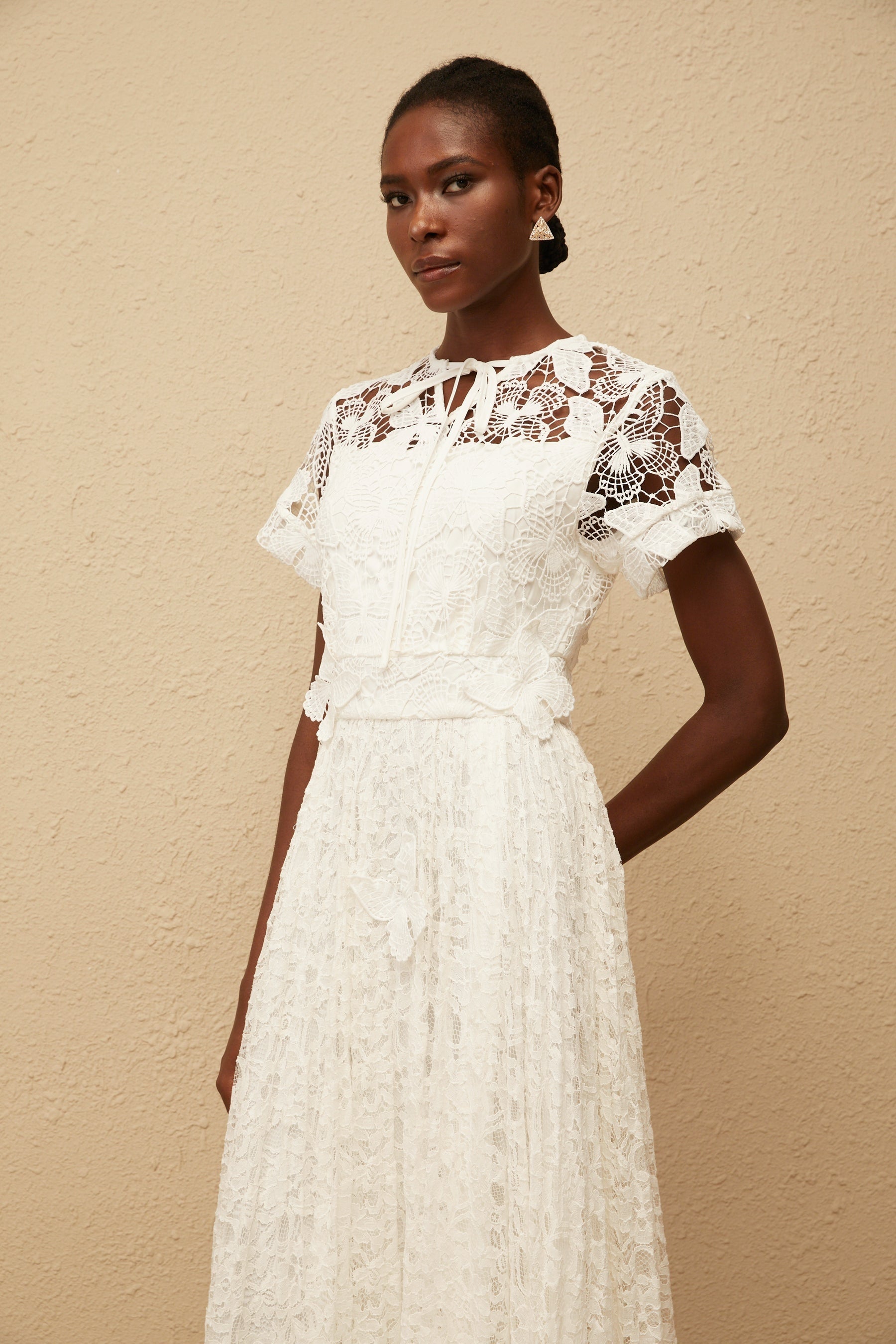 Victoire White Butterfly Appliqué Lace Maxi Dress