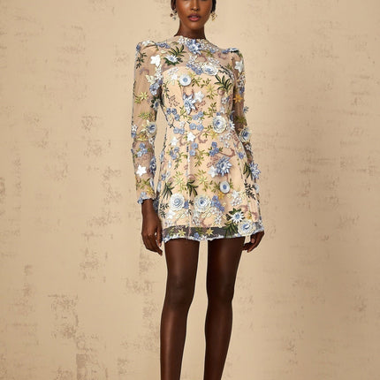 Victoria Blue Floral Appliqué Embroidered Mini Dress