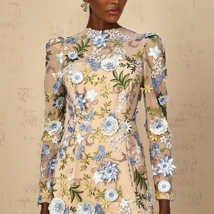 Victoria Blue Floral Appliqué Embroidered Tulle Mini Dress
