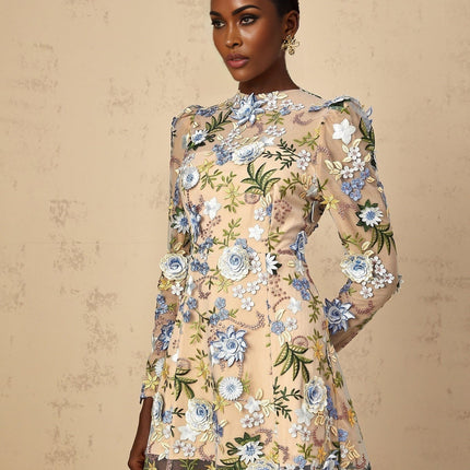 Victoria Blue Floral Appliqué Embroidered Tulle Mini Dress