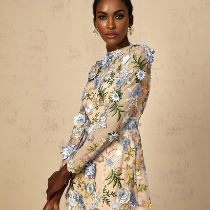 Victoria Blue Floral Appliqué Embroidered Tulle Mini Dress