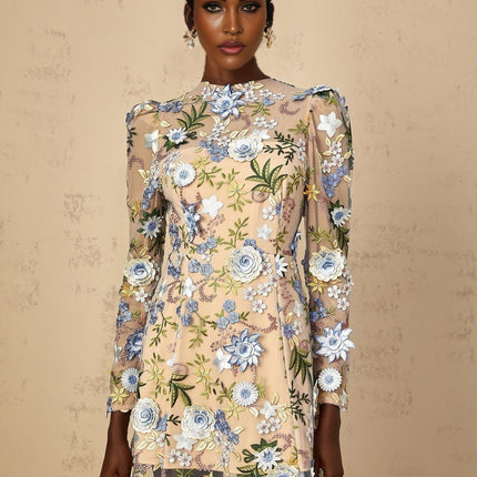 Victoria Blue Floral Appliqué Embroidered Tulle Mini Dress