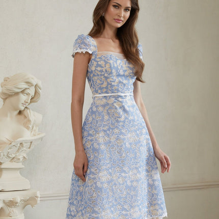 Victoria Blue Floral Embroidered Midi Dress