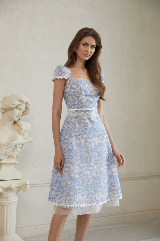 Victoria Blue Floral Embroidered Midi Dress