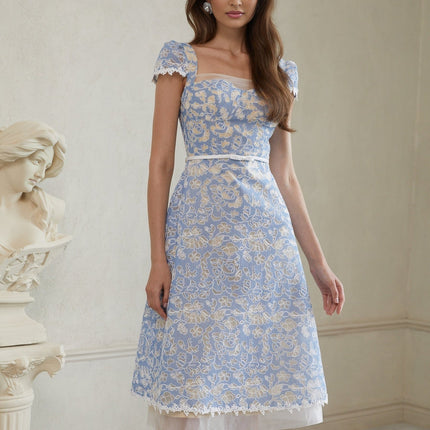 Victoria Blue Floral Embroidered Midi Dress