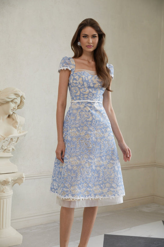 Victoria Blue Floral Embroidered Midi Dress