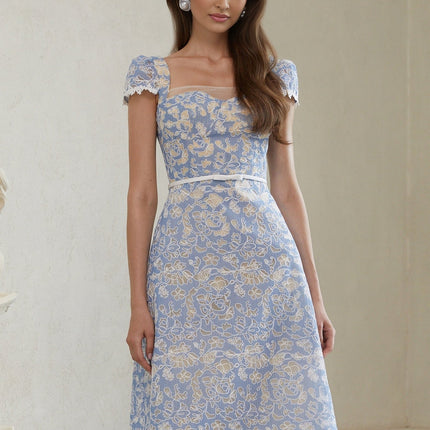 Victoria Blue and White Floral Embroidered Midi Dress with Sweetheart Neckline and Open Back Design