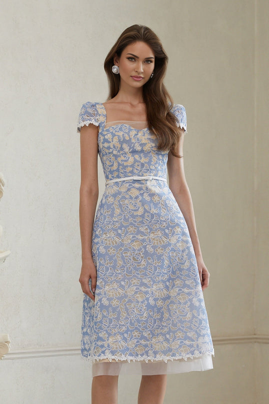 Victoria Blue and White Floral Embroidered Midi Dress with Sweetheart Neckline and Open Back Design